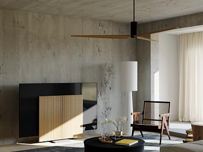 Modern Living Room Ceiling Fan Sofa Coffee Table Combination Leisure Chair Floor Lamp Curtain TV Ornaments Carpet 3d model