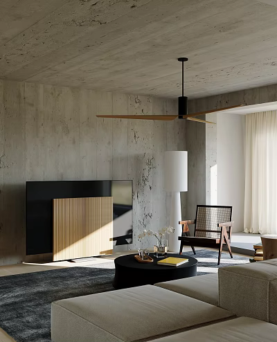 Modern Living Room Featuring Concrete Wall Ceiling Fan TV Wooden Panel And Round Coffee Table 3d model