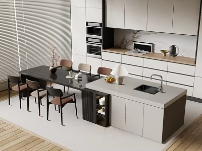 Modern Open Kitchen Interior With Bar Counter Sink Dining Table And Cabinets 3d model
