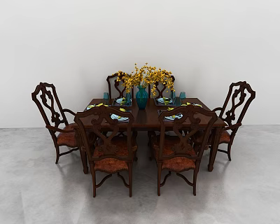 Dark Wood Dining Table Set With Carved Chairs Yellow Flowers And Green Pattern Plates 3d model