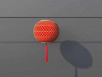 Traditional Household Red Lantern Hanging On Grey Wall With Red Tassel 3d model