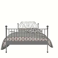 Double Bed With Wrought Iron Frame Ornate Headboard Floral Pillows And Gray Throw Blanket