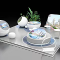 Modern Display Shelves With White Spherical Decor Green Plants And Circular Show Platforms