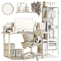 Modern Home Office Desk With Computer Monitor Green Plant Bookshelf Wall Clock And Gray Chair