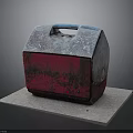 Vintage Red And Gray Box With Blue Handle Worn Surface On Gray Mat Dark Background