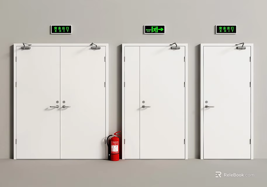 Fire Safety Equipment Including White Fire Doors Green Exit Signs And Red Extinguisher 3d model 