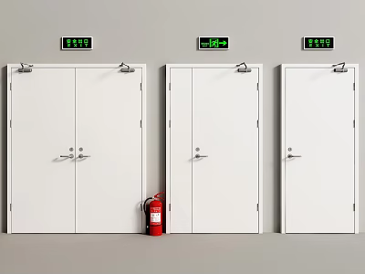 Fire Safety Equipment Including White Fire Doors Green Exit Signs And Red Extinguisher 3d model