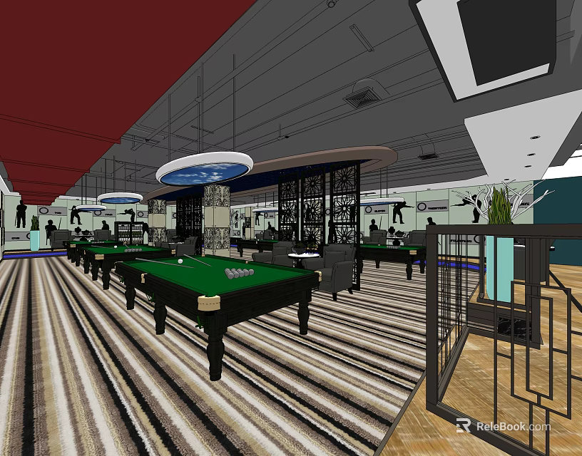 Modern Billiard Room Interior With Green Tables Striped Carpet And Ceiling Lights 3d model 