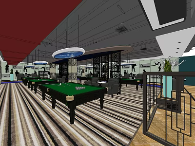 Modern Billiard Room Interior With Green Tables Striped Carpet And Ceiling Lights 3d model