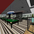 Modern Billiard Room Interior With Green Tables Striped Carpet And Ceiling Lights