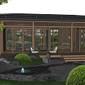 Wooden Pergola in Modern Outdoor Garden with Open Design Stone Path Greenery and Trees