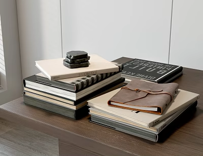 Stacked Books Magazines Different Styles With Leather Notebook On Wooden Table White Wall Window Background 3d model