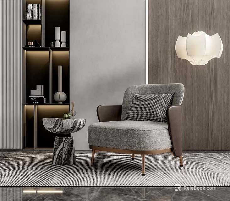 Elegant Gray Fabric Single Sofa With Marble Side Table Modern Wooden Wall And Pendant Light 3d model 