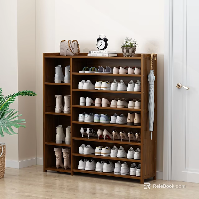 Wooden Shoe Cabinet with Multiple Shelves Handbag Clock Potted Plant and Umbrella 3d model 