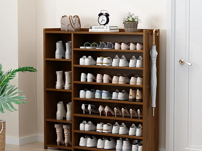 Wooden Shoe Cabinet with Multiple Shelves Handbag Clock Potted Plant and Umbrella 3d model