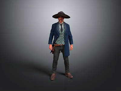 Man in blue coat green vest with wide-brimmed hat tie black pants brown boots holster 3d model