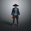 Man in blue coat green vest with wide-brimmed hat tie black pants brown boots holster