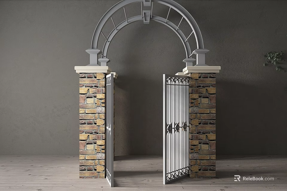 Arched Metal Gate Design With Brick Pillars Against Gray Wall And Wooden Floor 3d model 