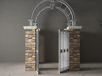 Arched Metal Gate Design With Brick Pillars Against Gray Wall And Wooden Floor 3d model