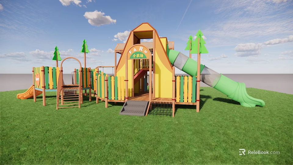Kids Playground With Wooden Slide Climbing Frame On Green Grass Field Under Blue Sky 3d model 