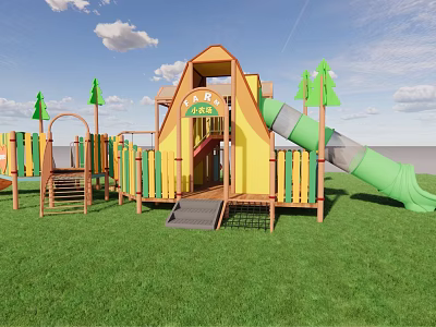 Kids Playground With Wooden Slide Climbing Frame On Green Grass Field Under Blue Sky 3d model