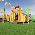 Kids Playground With Wooden Slide Climbing Frame On Green Grass Field Under Blue Sky