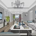 Elegant Dining And Living Room Interior With Gray Cabinets Wooden Flooring And Circular Paintings