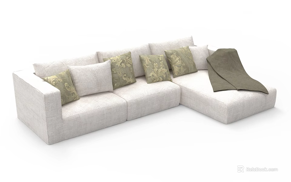 Modern Light Beige Sectional Sofa With Decorative Pillows And Throw Blanket 3d model