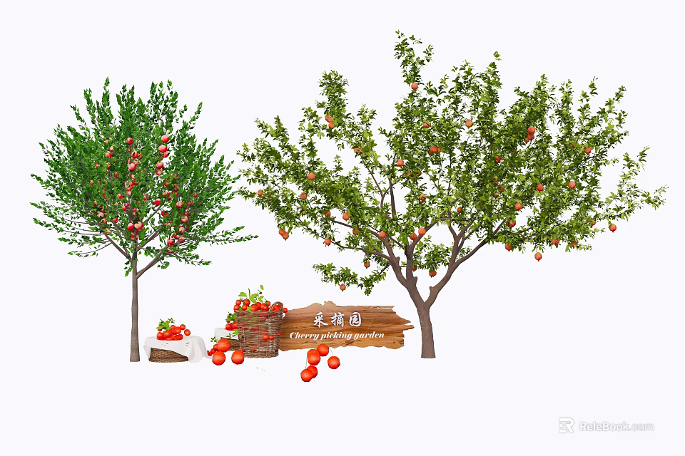 Fruit Arbor With Red Fruits Green Leaves And Wooden Crates For Picking 3d model 