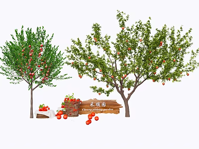Fruit Arbor With Red Fruits Green Leaves And Wooden Crates For Picking 3d model