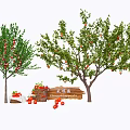 Fruit Arbor With Red Fruits Green Leaves And Wooden Crates For Picking