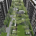 Residential Landscape with Modern Apartment Building Lush Trees Green Lawn and Recreational Space