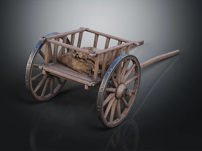 Traditional Wooden Hand Cart Featuring Long Handle Spoked Wheels And A Sack 3d model