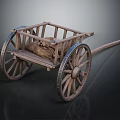 Traditional Wooden Hand Cart Featuring Long Handle Spoked Wheels And A Sack