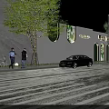 Modern Green Community Fence Decorated with Lush Plants in Night Scene and Pedestrians