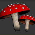 Two Red Mushrooms With White Spots And Wooden Stems On Dark Background
