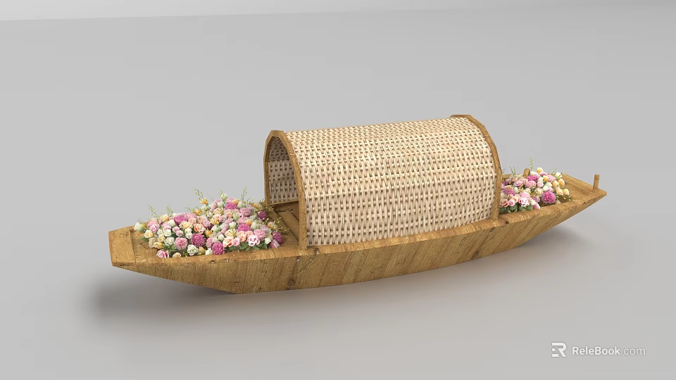 Charming Photo Spot With Bamboo Woven Roof Wooden Boat And Pink White Flowers 3d model 