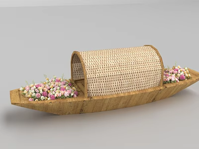 Charming Photo Spot With Bamboo Woven Roof Wooden Boat And Pink White Flowers 3d model