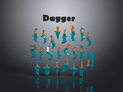 Various Designs of Blue and Orange Daggers on Gray Background with Reflections 3d model