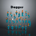 Various Designs of Blue and Orange Daggers on Gray Background with Reflections