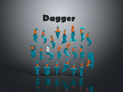 Various Designs of Blue and Orange Daggers on Gray Background with Reflections 3d model Various Designs of Blue and Orange Daggers on Gray Background with Reflections 3d model