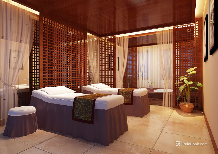 Tranquil SPA Sauna Interior With Wooden Partitions Massage Beds And Potted Plants 3d model 
