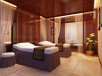 Tranquil SPA Sauna Interior With Wooden Partitions Massage Beds And Potted Plants 3d model