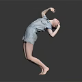 Child Performing Dance Move In Blue Denim Romper Barefoot On Gray Background