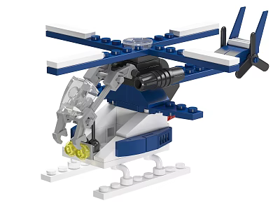 Building Blocks Helicopter Model Blue and White with Rotors Transparent Parts and Yellow Lights 3d model