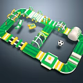 Kids Playground Equipment Green And Yellow With Spiral Track Platforms Soccer Ball And Dice Elements