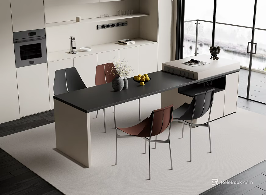 Modern Kitchen Interior With Black Island Counter Colorful Chairs And White Cabinets 3d model 