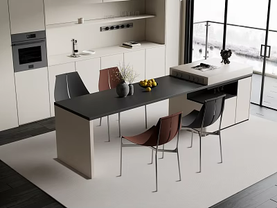 Modern Kitchen Interior With Black Island Counter Colorful Chairs And White Cabinets 3d model