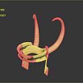 Golden Weapon Design with Curved Hooks and Green Accents on Base Stand