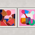 Two Framed Abstract Paintings Featuring Vibrant Colors Geometric Shapes and Figurative Outlines